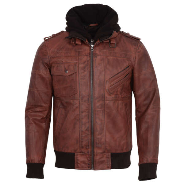 Brown Hoodie Leather Jacket - Image 2